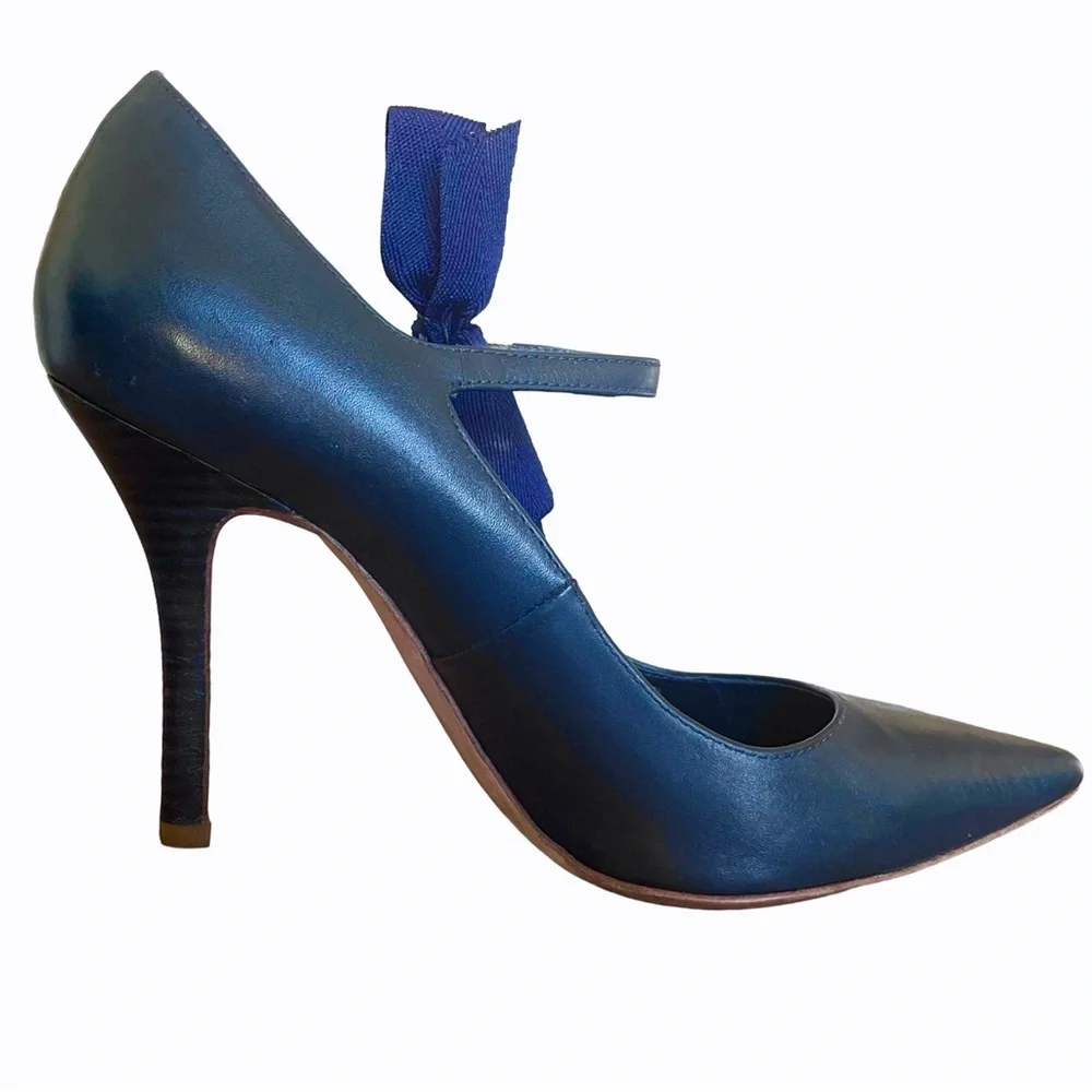 Tory Burch Beverly Navy Leather Bow Mary Jane Pumps Size 9 Pointed Toe Heels
